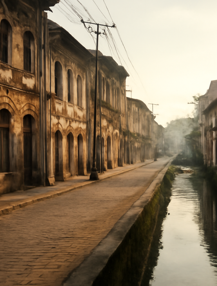 Jalan lama di kawasan Kota Tua Semarang dengan bangunan berarsitektur kolonial dan kanal di sisinya